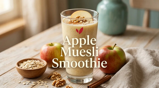 Swiss apple walnut muesli smoothie in a tall glass with apple, oats, walnuts and cinnamon - Apple Muesli Smoothie cover