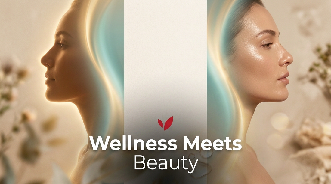 Warm editorial illustration of a silhouette symbolizing wellness and beauty as two sides of the same coin, with the Hanuvier leaf watermark and Wellness Meets Beauty title text