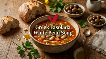 Greek Fasolada white bean soup in a rustic ceramic bowl with Mediterranean props, on a wooden surface with warm golden-hour lighting.
