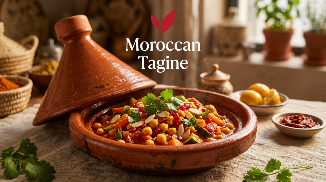Moroccan chickpea and vegetable tagine in a clay dish with rich spiced tomato sauce, golden chickpeas, fresh cilantro, and pomegranate seeds