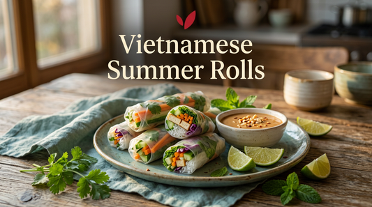 Vietnamese Summer Rolls recipe cover - fresh rice paper rolls with herbs, vegetables, noodles and tofu, served with peanut-lime dipping sauce