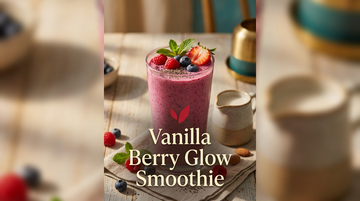 Vanilla Berry Glow Smoothie recipe cover - a pink-purple berry smoothie topped with fresh berries and chia seeds