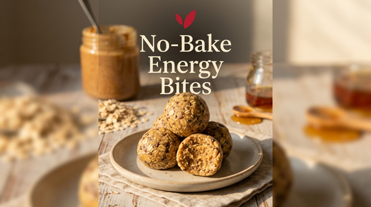 No-Bake Vanilla Energy Bites recipe cover - oat and almond butter energy balls on a plate