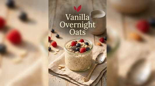 Creamy Vanilla Overnight Oats recipe cover - a jar of oats topped with berries, chia and sliced almonds
