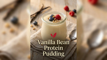 Vanilla Bean Protein Pudding recipe cover - a jar of creamy vanilla pudding topped with berries and nuts