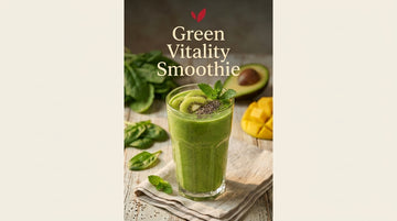 Green Vitality Smoothie recipe cover - a vibrant green smoothie topped with kiwi, chia and mint