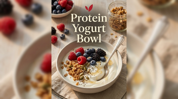 Protein Yogurt Bowl recipe cover - a bowl of creamy yogurt topped with berries, granola and seeds