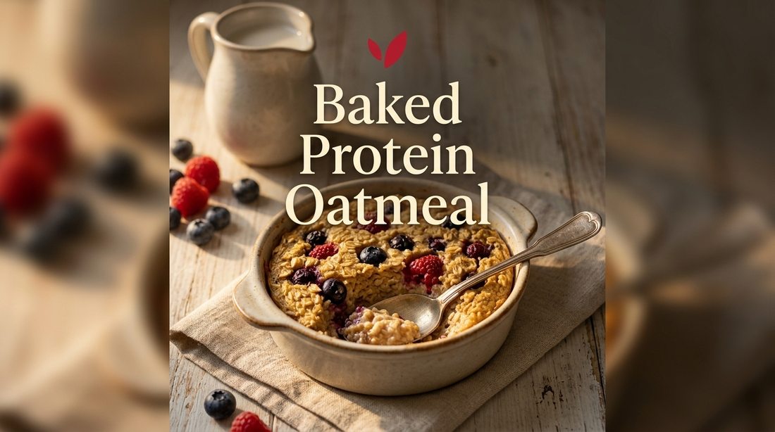 Baked Protein Oatmeal recipe cover - a golden baked oatmeal in a dish studded with berries