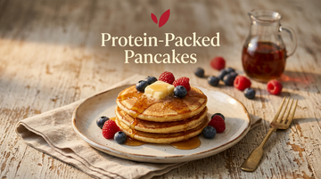 Protein-Packed Pancakes recipe cover - a stack of golden vegan pancakes with berries and maple syrup
