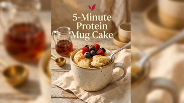 5-Minute Protein Mug Cake recipe cover - a warm vanilla mug cake in a ceramic mug with berries