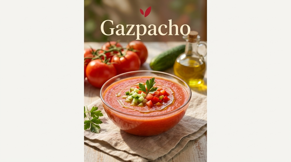 Gazpacho recipe cover - a chilled bowl of red Spanish tomato gazpacho garnished with diced vegetables and olive oil