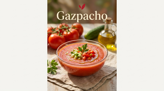 Gazpacho recipe cover - a chilled bowl of red Spanish tomato gazpacho garnished with diced vegetables and olive oil