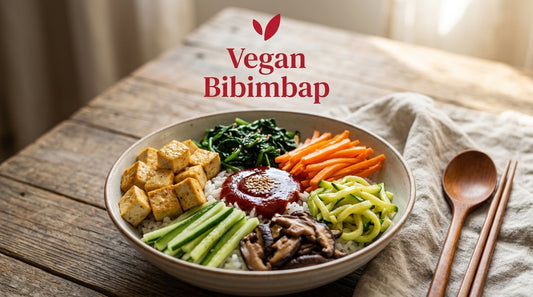 Vegan Bibimbap recipe cover - a beautifully arranged Korean rice bowl with colourful seasoned vegetables, golden tofu, and gochujang sauce
