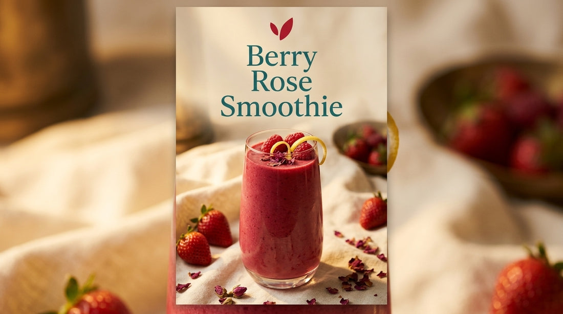 Berry Rose Smoothie recipe cover - a vibrant deep pink berry smoothie in a clear glass garnished with raspberries and rose petals