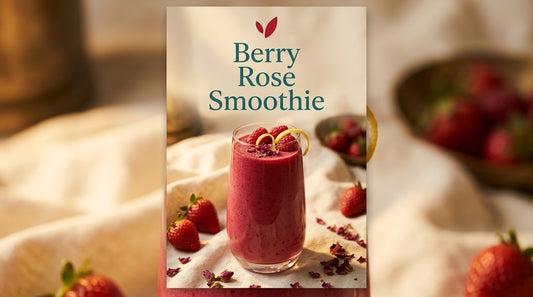 Berry Rose Smoothie recipe cover - a vibrant deep pink berry smoothie in a clear glass garnished with raspberries and rose petals