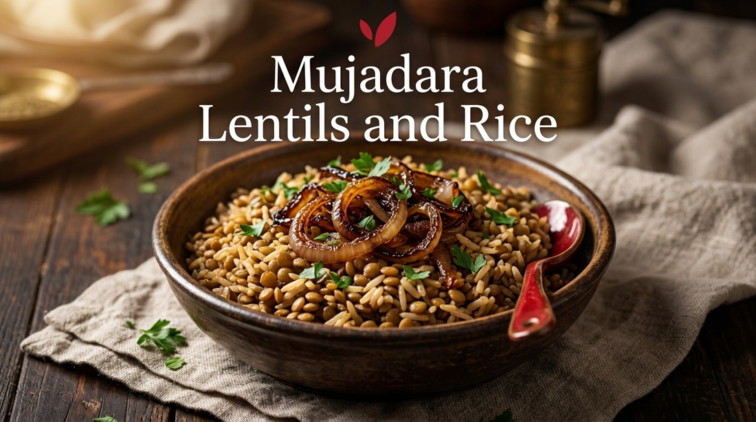 Mujadara recipe cover - a rustic ceramic bowl of golden-brown lentils and rice topped with deeply caramelized onion rings and fresh parsley
