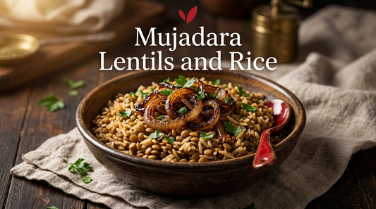 Mujadara recipe cover - a rustic ceramic bowl of golden-brown lentils and rice topped with deeply caramelized onion rings and fresh parsley