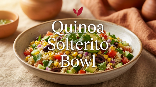 Quinoa Solterito recipe cover - a colorful Peruvian-inspired quinoa salad bowl with corn, tomato, cucumber, avocado, olives, and fresh herbs