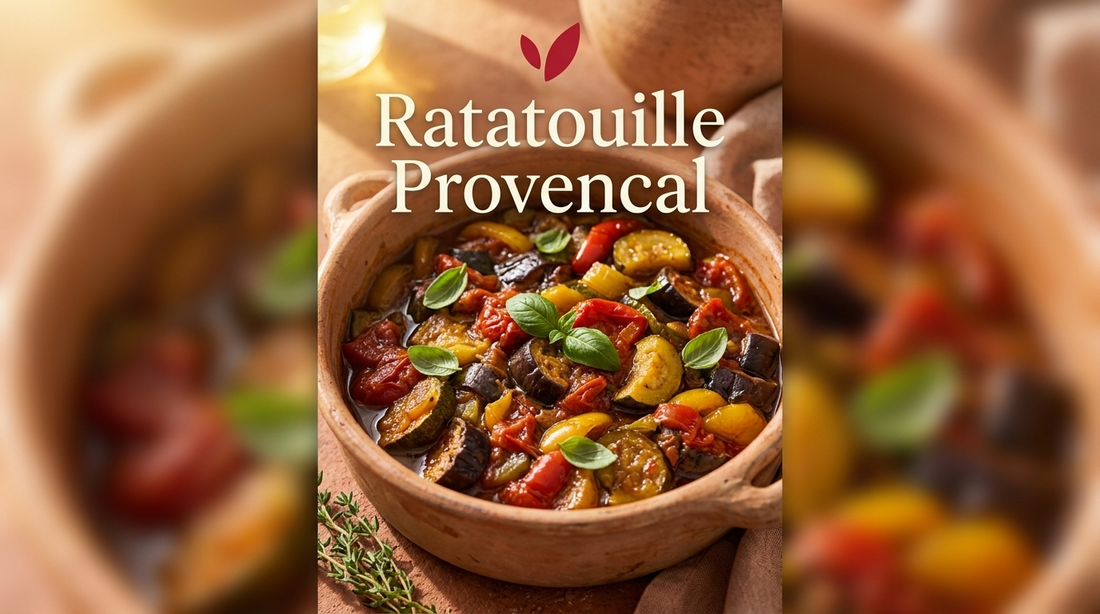 Ratatouille recipe cover - a rustic Provencal vegetable stew of eggplant, zucchini, tomatoes and peppers glistening in olive oil with fresh basil