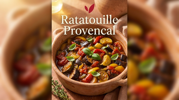 Ratatouille recipe cover - a rustic Provencal vegetable stew of eggplant, zucchini, tomatoes and peppers glistening in olive oil with fresh basil