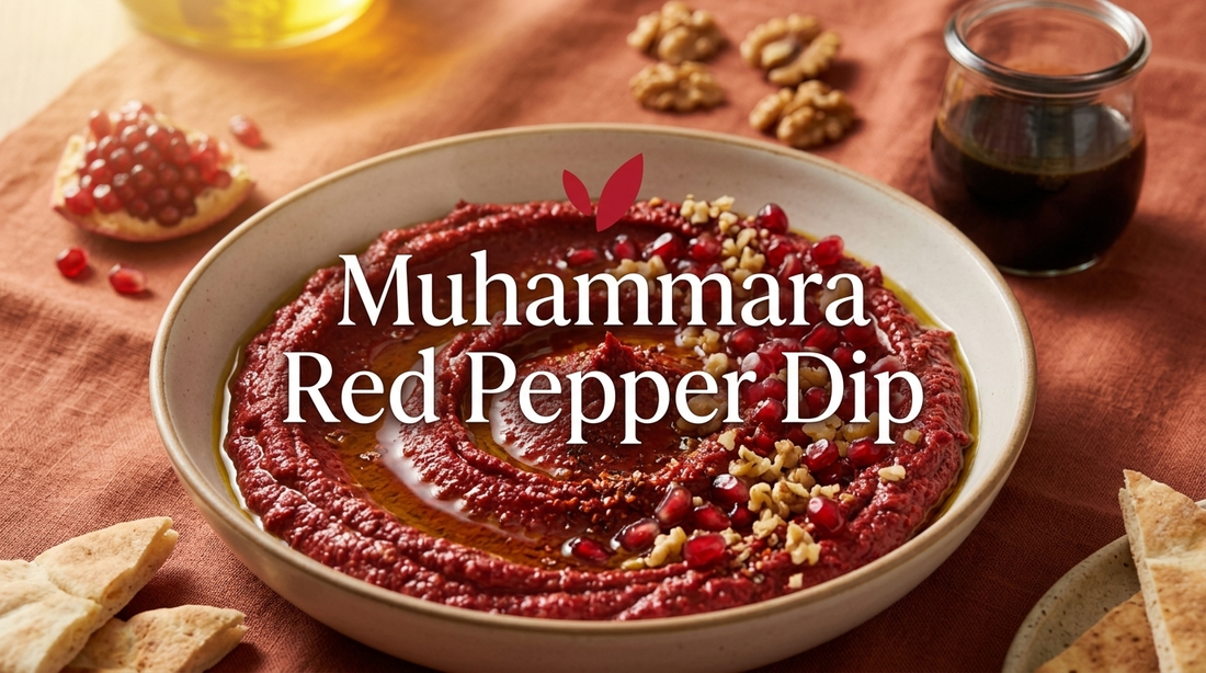 Muhammara - a Syrian roasted red pepper and walnut dip garnished with pomegranate seeds, olive oil, and Aleppo pepper