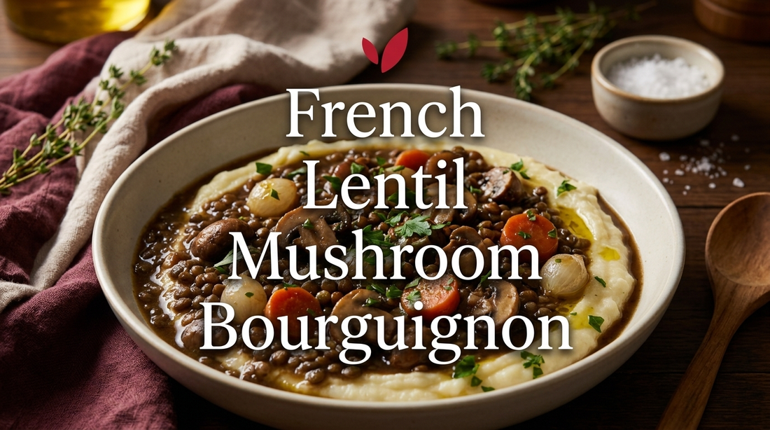 French Lentil and Mushroom Bourguignon - a dark glossy plant-based stew of French green lentils, cremini mushrooms, pearl onions and carrots in a rich herb-scented sauce, served over mashed potatoes and garnished with fresh parsley