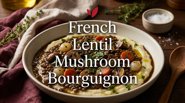 French Lentil and Mushroom Bourguignon - a dark glossy plant-based stew of French green lentils, cremini mushrooms, pearl onions and carrots in a rich herb-scented sauce, served over mashed potatoes and garnished with fresh parsley