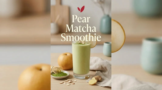 Asian pear matcha almond smoothie in a tall glass with matcha powder, pear and almonds - Pear Matcha Smoothie cover
