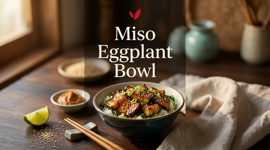 Japanese sesame miso eggplant bowl with glazed roasted eggplant over rice - Miso Eggplant Bowl cover