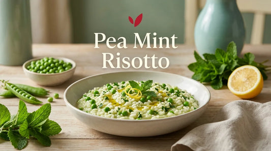 English garden pea and mint risotto in a shallow bowl with fresh peas, mint and lemon - Pea Mint Risotto cover