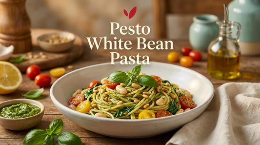 Italian pesto white bean pasta bowl with cherry tomatoes, spinach and pine nuts - Pesto White Bean Pasta cover