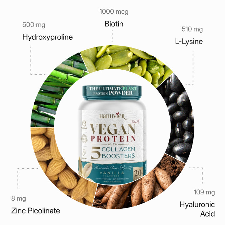 Hanuvier Vegan Plant Protein Powder with 5 Collagen Boosters, 20 g of Organic Pea & Rice Protein, 24 Servings, Vanilla