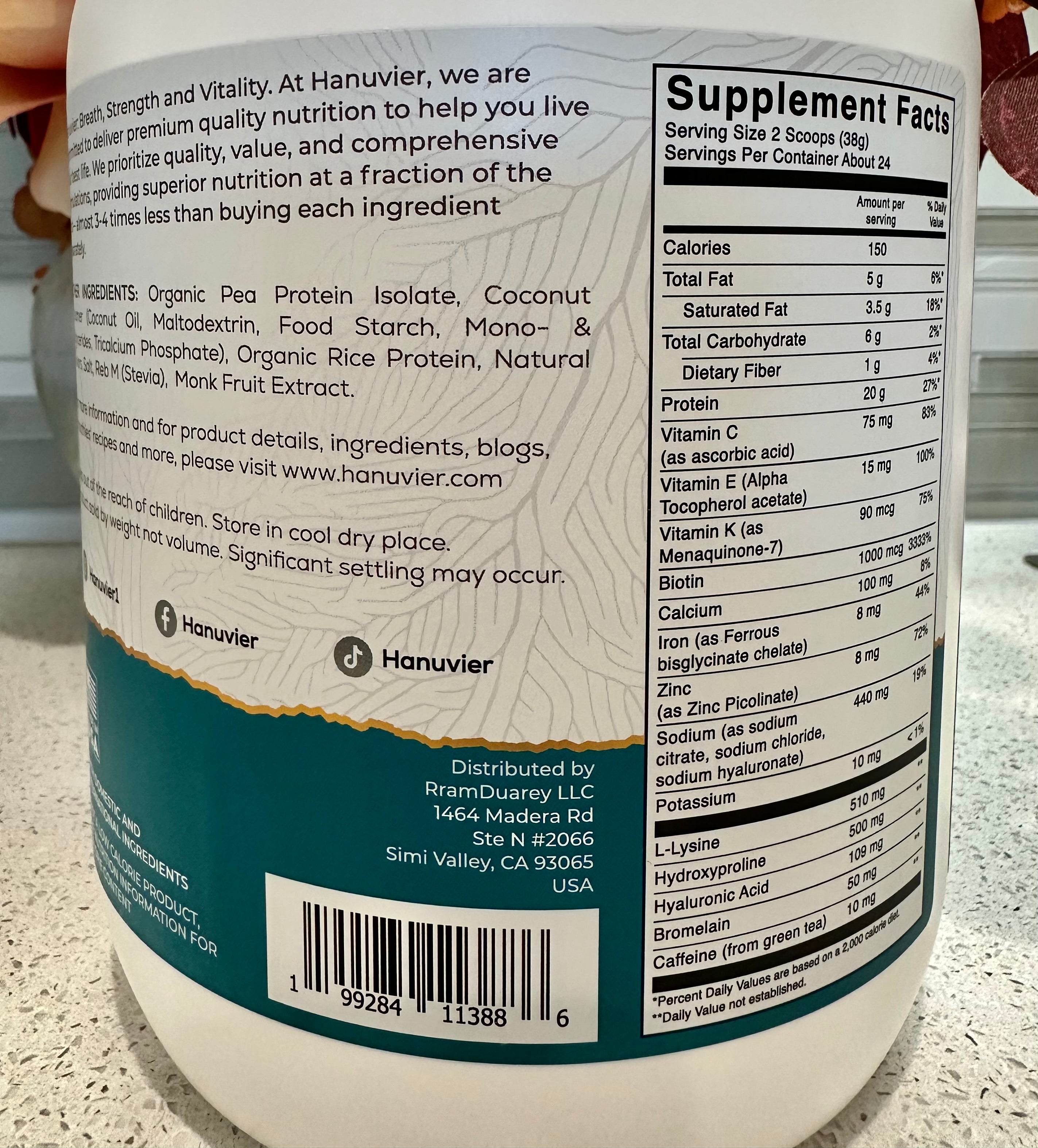 Hanuvier Vegan Plant Protein Powder with 5 Collagen Boosters, 20 g of Organic Pea & Rice Protein, 24 Servings, Vanilla