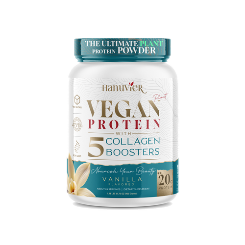 Hanuvier Vegan Protein + 5 Collagen Boosters | 20g Organic Pea & Rice Protein with Hyaluronic Acid, Biotin, Zinc, Lysine | Vanilla, 24 Servings