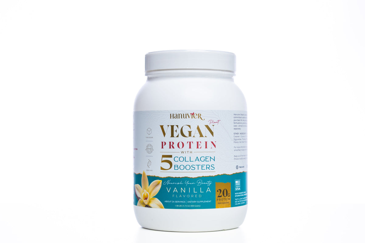 Hanuvier vegan collagen booster powder tub, vanilla, front view