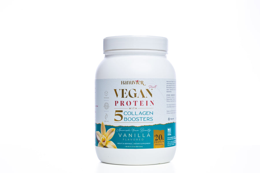 Hanuvier Vegan Protein + 5 Collagen Boosters | 20g Organic Pea & Rice Protein with Hyaluronic Acid, Biotin, Zinc, Lysine | Vanilla, 24 Servings