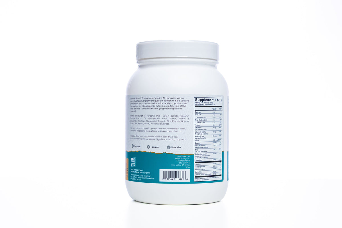 Hanuvier vegan collagen booster powder tub, back label with full supplement facts