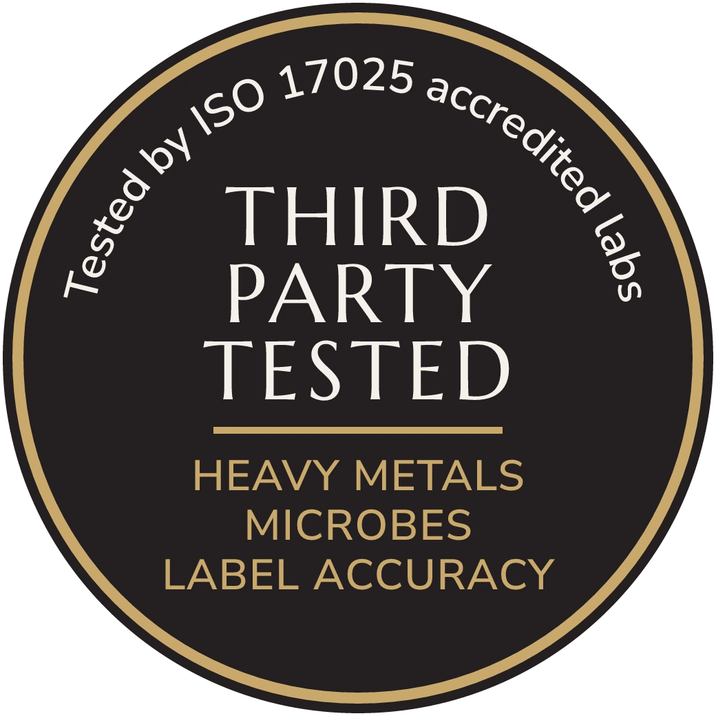 Third-Party Tested seal: heavy metals, microbes, label accuracy